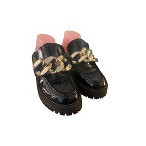 Steve Madden Black with Gold Chain Chunky Platform Loafers Shoes Women's Sz 11